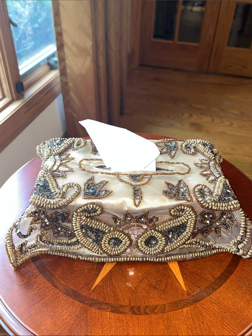 Embellished Beaded Tissue Box Cover in Cream and Gold